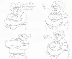 Size: 3076x2508 | Tagged: artist:catstuxedo, bbw, belly, belly button, belly lift, chubby cheeks, derpibooru import, dialogue, double chin, fat, human, humanized, monochrome, obese, piggy pie, pinkie pie, pudgy pie, safe, sequence, solo