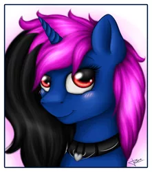 Size: 1500x1700 | Tagged: safe, artist:puggie, derpibooru import, oc, oc:shiny saphir, unofficial characters only, pony, unicorn, blushing, choker, solo