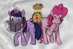 Size: 700x476 | Tagged: safe, artist:crowneprince, derpibooru import, applejack, pinkie pie, twilight sparkle, twilight sparkle (alicorn), alicorn, pony, behind, book, forced meme, group, meme, mouthbutt, not salmon, plot, reading, talking, wat, what has science done, wingface, wingmouth