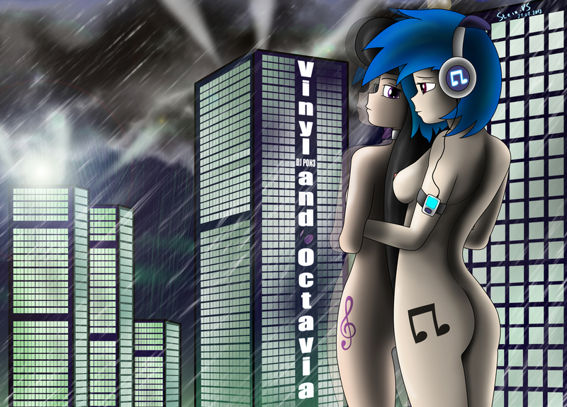 Size: 3000x2157 | Tagged: questionable, artist:stein-vs, derpibooru import, octavia melody, vinyl scratch, equestria girls, ass, breasts, casual nudity, cutie mark on human, female, headphones, hug, hug from behind, lesbian, naked hug, nipples, nudity, rain, reflection, scratchtavia, shipping