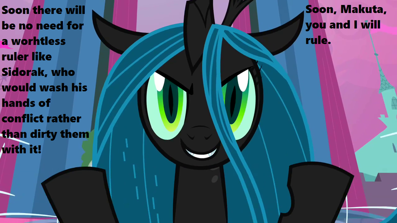 Size: 1280x720 | Tagged: a canterlot wedding, bionicle, changeling, changeling queen, derpibooru import, edit, edited screencap, female, kathleen barr, lego, queen chrysalis, roodaka, safe, screencap, season 2, solo, voice actor joke, web of shadows