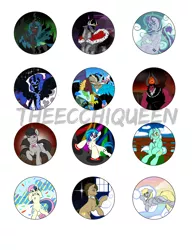 Size: 1500x1941 | Tagged: safe, artist:theecchiqueen, deleted from derpibooru, derpibooru import, bon bon, derpy hooves, discord, king sombra, lord tirek, lyra heartstrings, nightmare moon, octavia melody, queen chrysalis, starlight glimmer, sweetie drops, vinyl scratch, changeling, changeling queen, draconequus, pegasus, pony, unicorn, doctor who, equal cutie mark, female, male, mare, stallion