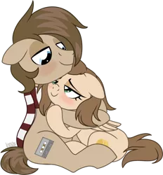 Size: 1024x1104 | Tagged: safe, artist:kellythedrawinguni, derpibooru import, oc, oc:honey drop, oc:tape loops, unofficial characters only, pegasus, pony, blushing, clothes, female, hug, looking at each other, male, mare, scarf, simple background, smiling, stallion, transparent background