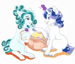 Size: 703x598 | Tagged: safe, artist:frozensoulpony, derpibooru import, oc, oc:crown jewel, oc:starring role, unofficial characters only, earth pony, pony, unicorn, basket, bread, female, food, magic, male, mare, picnic basket, sitting, stallion, traditional art