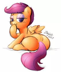 Size: 468x551 | Tagged: suggestive, artist:zajice, derpibooru import, edit, scootaloo, pony, bedroom eyes, eyeshadow, female, implied foalcon, looking, looking back, makeup, plot, scootabutt, simple background, smiling, smirk, solo, solo female, white background