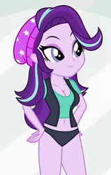 Size: 446x700 | Tagged: suggestive, derpibooru import, edit, edited screencap, editor:ah96, screencap, starlight glimmer, equestria girls, mirror magic, spoiler:eqg specials, beanie, belly button, black underwear, breast edit, breasts, busty starlight glimmer, cleavage, clothes, cropped, female, hat, panties, short shirt, solo, solo female, underwear, underwear edit, vest