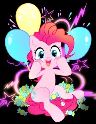 Size: 473x613 | Tagged: safe, artist:yoko-art, derpibooru import, pinkie pie, pony, balloon, black background, candy, food, heart eyes, looking at you, simple background, solo, wingding eyes