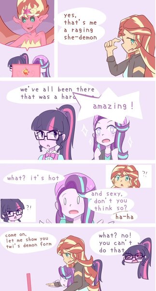 Size: 645x1200 | Tagged: safe, artist:yuck, derpibooru import, sci-twi, starlight glimmer, sunset shimmer, twilight sparkle, equestria girls, beanie, blushing, comic, computer, dialogue, female, glasses, hat, laptop computer, pink background, simple background, starry eyes, sunset satan, wingding eyes