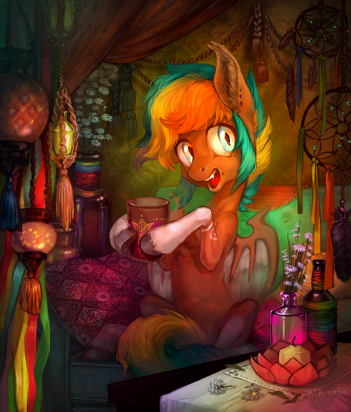 Size: 1710x2009 | Tagged: safe, artist:natanatfan, derpibooru import, oc, unofficial characters only, bat pony, pony, candle, flower, mug, solo