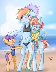 Size: 1200x1550 | Tagged: suggestive, artist:azurepicker, derpibooru import, rainbow dash, scootaloo, windy whistles, anthro, crab, pegasus, semi-anthro, unguligrade anthro, arm hooves, beach, belly button, bikini, bipedal, blushing, breasts, clothes, cute, cutealoo, dashabetes, embarrassed, family, female, midriff, milf, one-piece swimsuit, siblings, size difference, sling bikini, spread wings, swimsuit, windybetes, wingboner, wings
