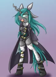 Size: 1200x1650 | Tagged: anthro, arm hooves, artist:azurepicker, bipedal, black underwear, bravely default, cape, changeling, clothes, derpibooru import, gradient background, hoof hands, looking at you, open mouth, queen chrysalis, raised hoof, safe, semi-anthro, simple background, solo, underwear, unguligrade anthro, vampire