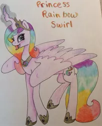 Size: 1533x1875 | Tagged: safe, artist:scratchdixie, derpibooru import, oc, unofficial characters only, alicorn, pony, alicorn oc, eyelashes, female, glowing horn, jewelry, mare, one eye closed, open mouth, rainbow hair, regalia, solo, traditional art, wink