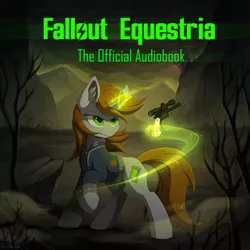 Size: 620x620 | Tagged: safe, artist:hioshiru, derpibooru import, oc, oc:littlepip, unofficial characters only, pony, unicorn, fallout equestria, fanfic, audio book, canterlot, clothes, cover art, cutie mark, fanfic art, female, floppy ears, glowing horn, gun, handgun, hooves, horn, levitation, little macintosh, magic, mare, optical sight, pink cloud (fo:e), pipbuck, revolver, shirt, solo, telekinesis, text, vault suit, wasteland, weapon