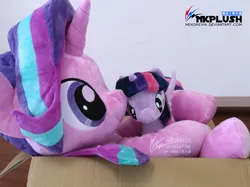 Size: 5488x4112 | Tagged: safe, artist:nekokevin, derpibooru import, starlight glimmer, twilight sparkle, twilight sparkle (alicorn), alicorn, pony, unicorn, series:nekokevin's glimmy, absurd resolution, box, female, irl, mare, photo, plushie, size difference, smiling, spread wings, starlight's little twibird, wings