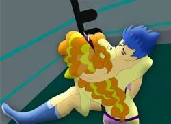 Size: 1600x1163 | Tagged: suggestive, artist:supermaxx92, derpibooru import, adagio dazzle, flash sentry, equestria girls, bikini, boots, breasts, carrying, clothes, couple, female, flashagio, kissing, male, shipping, shoes, speedo, spiked headband, sports, straight, swimsuit, wrestling, wrestling ring