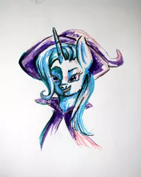 Size: 3752x4703 | Tagged: safe, artist:heylookitsmyart, derpibooru import, trixie, pony, unicorn, bust, cape, clothes, female, grin, hat, lidded eyes, mare, portrait, simple background, smiling, smirk, solo, traditional art, trixie's cape, trixie's hat, white background