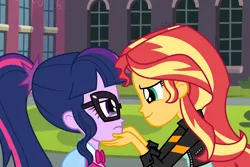 Size: 6000x4000 | Tagged: safe, artist:spottedlions, derpibooru import, sci-twi, sunset shimmer, twilight sparkle, equestria girls, absurd resolution, bowtie, canterlot high, clothes, comforting, courtyard, crying, duo, female, glasses, jacket, leather jacket, lesbian, ponytail, scitwishimmer, shipping, sunsetsparkle