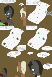 Size: 1600x2400 | Tagged: safe, artist:jake heritagu, derpibooru import, doctor whooves, time turner, oc, oc:sandy hooves, unofficial characters only, pony, comic:ask motherly scootaloo, comic, discord whooves, doctor who, hole puncher, paper, tardis