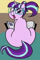 Size: 1166x1758 | Tagged: safe, artist:/d/non, derpibooru import, starlight glimmer, pony, unicorn, 30 minute art challenge, adorkable, angry, book, braces, chubby, cute, dork, female, filly, filly starlight glimmer, freckles, glasses, looking back, nerd, plot, sitting, solo, younger