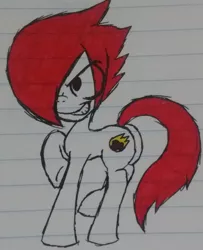 Size: 1149x1417 | Tagged: safe, derpibooru import, oc, oc:comet trail, unofficial characters only, pony, grin, lined paper, male, red mane, smiling, solo, traditional art, white coat