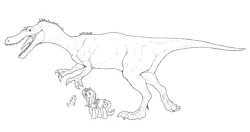 Size: 1200x633 | Tagged: safe, artist:dslycaon, derpibooru import, sassy saddles, dinosaur, pony, baryonyx, monochrome