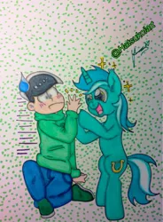 Size: 943x1280 | Tagged: safe, artist:hatsukoiart, derpibooru import, lyra heartstrings, human, pony, unicorn, blushing, choromatsu, crossover, osomatsu-san, smiling, traditional art