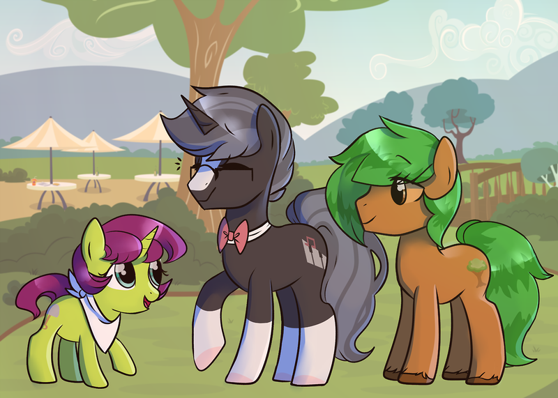 Size: 1280x914 | Tagged: safe, artist:mimisaurusrex, derpibooru import, oc, oc:apparently shovel, oc:perfect symphony, oc:tree, unofficial characters only, pony, tree pony, clothes, cute, female, filly, happy, mute, unshorn fetlocks