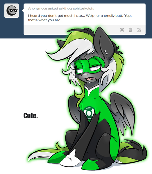 Size: 734x842 | Tagged: safe, artist:kez, derpibooru import, oc, oc:graphite sketch, unofficial characters only, pegasus, pony, askthegraphitesketch, bodysuit, female, green lantern, insult, mare, piercing, simple background, solo, tumblr, unimpressed, white background