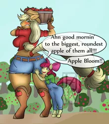 Size: 1246x1416 | Tagged: anthro, apple bloom, applebutt, applejack, artist:wittless-pilgrim, basket, blushing, breasts, bushel basket, busty applejack, butt grab, carrying, clothes, daisy dukes, derpibooru import, fingerless gloves, gloves, grope, hand on butt, looking back, overalls, shorts, size difference, suggestive, tail wrap, the ass was fat, touching, unguligrade anthro, wide hips