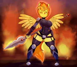 Size: 3600x3150 | Tagged: anthro, armor, artist:somescrub, breasts, busty spitfire, clothes, derpibooru import, female, fire, garter belt, glowing eyes, leotard, pegasus, sexy, solo, solo female, spear, spitfiery, spitfire, spread wings, stupid sexy spitfire, suggestive, unconvincing armor, underass, weapon, wings