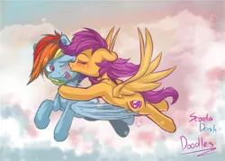 Size: 1400x1000 | Tagged: safe, artist:redheadfly, derpibooru import, rainbow dash, scootaloo, pegasus, pony, cute, female, flying, kissing, lesbian, mare, older, one eye closed, open mouth, scootadash, shipping, the cmc's cutie marks