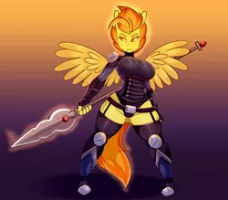 Size: 3600x3150 | Tagged: anthro, armor, artist:somescrub, breasts, busty spitfire, clothes, derpibooru import, female, garter belt, glowing eyes, leotard, pegasus, sexy, solo, solo female, spear, spitfire, spread wings, stupid sexy spitfire, suggestive, unconvincing armor, underass, weapon, wings