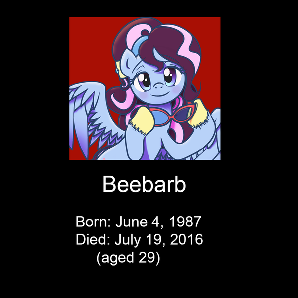 Size: 1000x1000 | Tagged: artist needed, source needed, safe, derpibooru import, oc, oc:beebarb, unofficial characters only, pegasus, pony, equestria daily, remembering beebarb, rest in peace