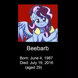 Size: 1000x1000 | Tagged: artist needed, source needed, safe, derpibooru import, oc, oc:beebarb, unofficial characters only, pegasus, pony, equestria daily, remembering beebarb, rest in peace