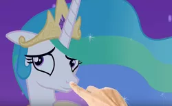 Size: 696x432 | Tagged: safe, derpibooru import, edit, edited screencap, screencap, princess celestia, pony, a royal problem, boop, boop edit, bronybait, cute, cutelestia, hand, happy, hnnng, meta, shy, sillestia, silly, silly pony, solo