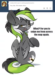 Size: 734x998 | Tagged: safe, artist:kez, derpibooru import, oc, oc:graphite sketch, unofficial characters only, pegasus, pony, askthegraphitesketch, crossed arms, female, lidded eyes, mare, piercing, simple background, solo, team fortress 2, tumblr, white background