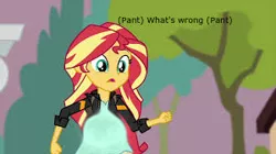 Size: 300x168 | Tagged: safe, derpibooru import, edit, edited screencap, screencap, sunset shimmer, comic:a new change, equestria girls, friendship games, bad edit, female, friendship games outfits, pregnant, pregnant edit, solo, teen pregnancy, text