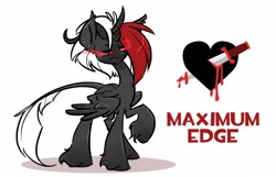 Size: 1216x783 | Tagged: semi-grimdark, artist:kez, derpibooru import, oc, oc:maximum edge, unofficial characters only, alicorn, pony, alicorn oc, blood, edgy, glowing eyes, grimderp, heart, knife, multiple horns, op is trying too hard, ow the edge, piercing, red and black oc, simple background, solo, unshorn fetlocks, white background