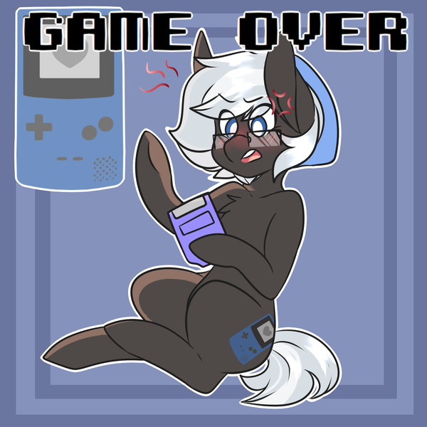 Size: 2000x2000 | Tagged: safe, artist:mimisaurusrex, derpibooru import, oc, oc:game over, unofficial characters only, earth pony, pony, angry, annoyed, beanie, game boy, gamer, glasses, grumpy, hat, male, nerd, rage, stallion