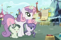 Size: 2150x1434 | Tagged: safe, artist:velveagicsentryyt, derpibooru import, sweetie belle, oc, oc:chaos, oc:lisa, dracony, hybrid, pony, aunt, aunt and nephew, aunt and niece, baby, baby pony, female, interspecies offspring, list, magic, male, offspring, parent:rarity, parent:spike, parents:sparity, scroll