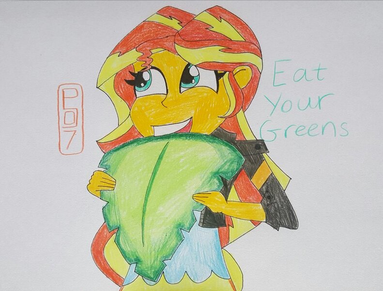 Size: 1026x778 | Tagged: safe, artist:malevolentsamson, artist:psygcosis507, derpibooru import, sunset shimmer, equestria girls, food, lettuce, solo, traditional art