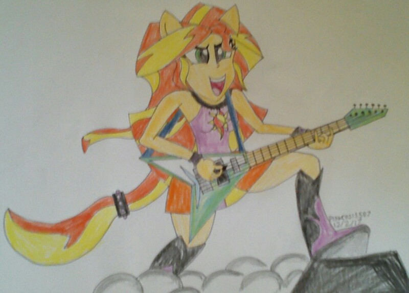 Size: 1627x1166 | Tagged: safe, artist:malevolentsamson, artist:psygcosis507, derpibooru import, sunset shimmer, equestria girls, electric guitar, flying v, guitar, ponied up, solo, sunset shredder, traditional art