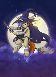 Size: 2341x3241 | Tagged: safe, artist:kez, derpibooru import, oc, oc:kye, unofficial characters only, pony, unicorn, broom, cape, clothes, costume, flying, flying broomstick, hat, lidded eyes, moon, mouth hold, night, solo, wand, witch, witch hat