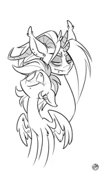 Size: 1499x2588 | Tagged: safe, artist:kez, derpibooru import, oc, oc:graphite sketch, oc:maximum edge, unofficial characters only, pegasus, pony, blushing, edgy, female, grayscale, mare, monochrome, multiple horns, simple background, white background