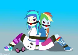 Size: 1064x751 | Tagged: suggestive, artist:robukun, derpibooru import, rainbow dash, vinyl scratch, equestria girls, ballgag, bondage, bound together, dashsub, femsub, gag, image, jpeg, rainbond dash, rope, rope bondage, submissive, sunglasses, tied up, vinylsub