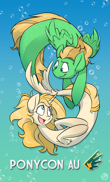 Size: 3000x4941 | Tagged: safe, artist:kez, derpibooru import, oc, oc:bruce, oc:star crossed, unofficial characters only, merpony, pegasus, pony, unicorn, female, male, mascot, ponycon au, underwater