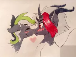 Size: 720x537 | Tagged: safe, artist:mikixthexgreat, derpibooru import, oc, oc:graphite sketch, oc:maximum edge, unofficial characters only, pony, blushing, edgy, heart, multiple horns, oc x oc, piercing, red and black oc, shipping, traditional art