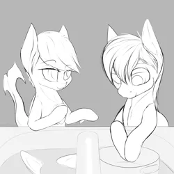 Size: 3000x3000 | Tagged: safe, artist:chapaevv, derpibooru import, oc, oc:lightning crash, oc:ocean current, unofficial characters only, pony, cleaning, dishes, monochrome, sketch