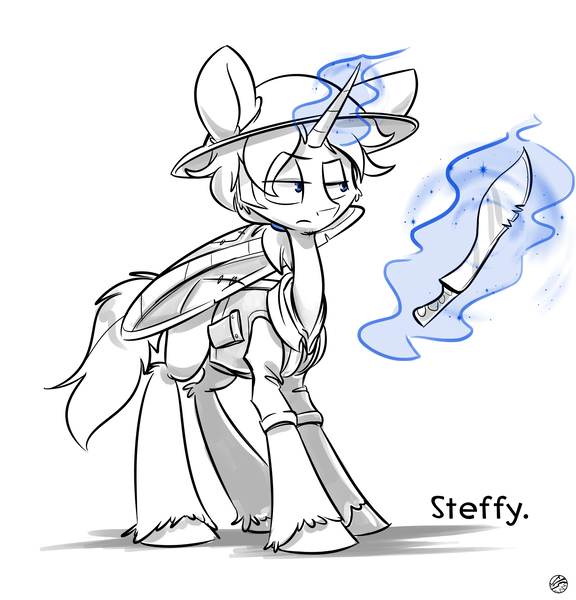 Size: 3190x3321 | Tagged: safe, artist:kez, derpibooru import, oc, oc:steffy, unofficial characters only, pony, unicorn, helmet, machete, magic, monochrome, neo noir, partial color, ponytail, shield, solo, telekinesis, unshorn fetlocks