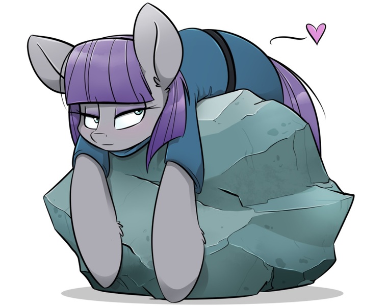 Size: 1144x904 | Tagged: safe, artist:kez, derpibooru import, maud pie, tom, earth pony, pony, big ears, blushing, cute, ear fluff, female, heart, leg fluff, lidded eyes, looking at you, mare, maudabetes, prone, rock, simple background, smiling, solo, sweet dreams fuel, that pony sure does love rocks, when she smiles, white background